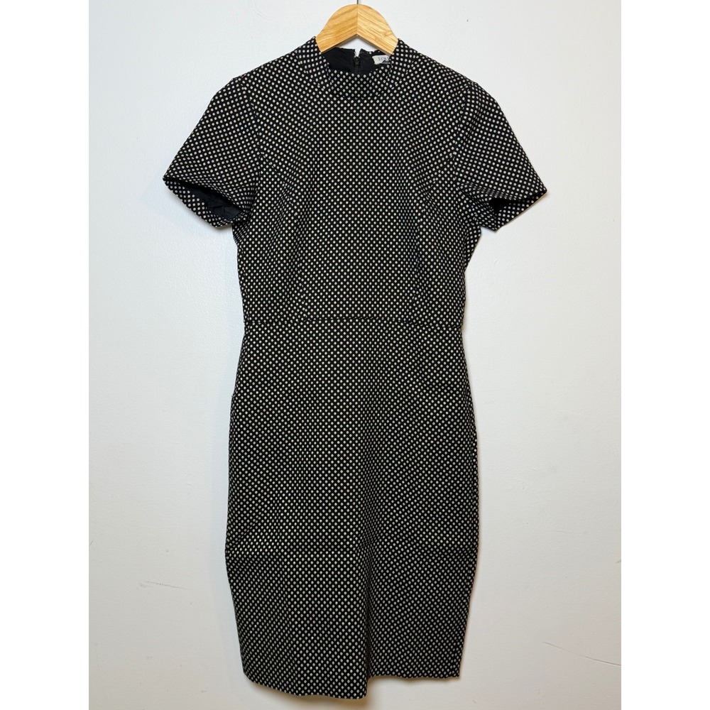 J.Crew Mockneck Jacquard Sheath Dress Size 2‎ NWT Black Gold Polka Dot